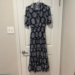 Navy and White Geometric Button-Front Maxi Dress
